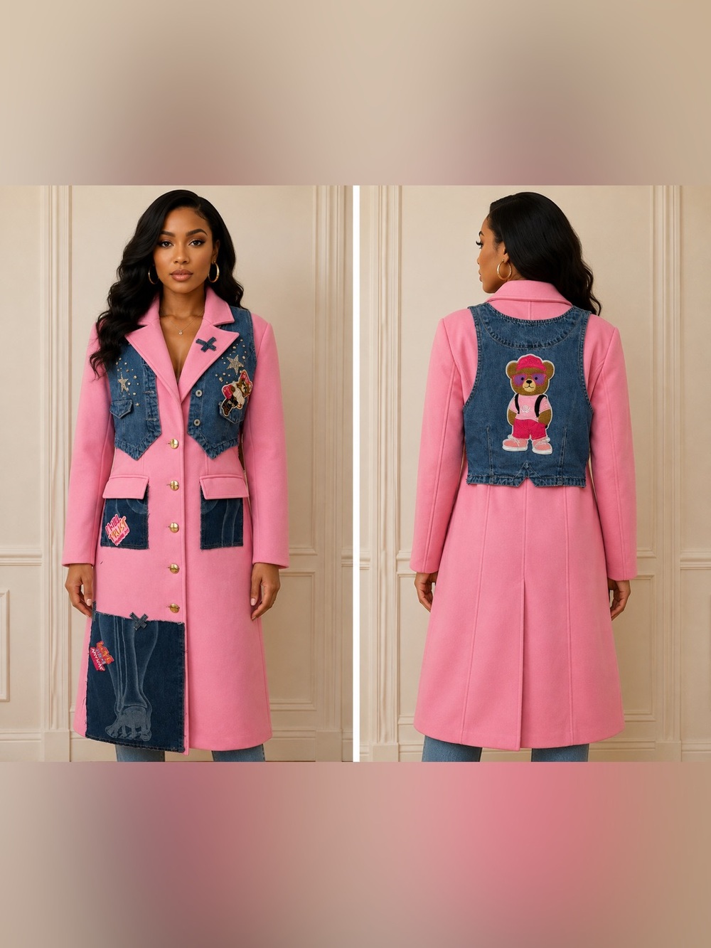Upcycled Pink Long Wool-look trench Coat with Denim Patch & bear Details size M